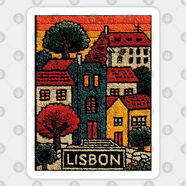 Lisbon Alfama District Linocut Print | Retro Portugal Hills Souvenir Sticker by TuncGK